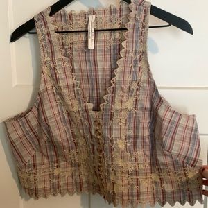 anthropologie plaid vest with embroidery
